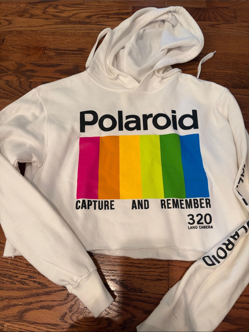 Polaroid White Hoodie with Rainbow Stripe Graphic